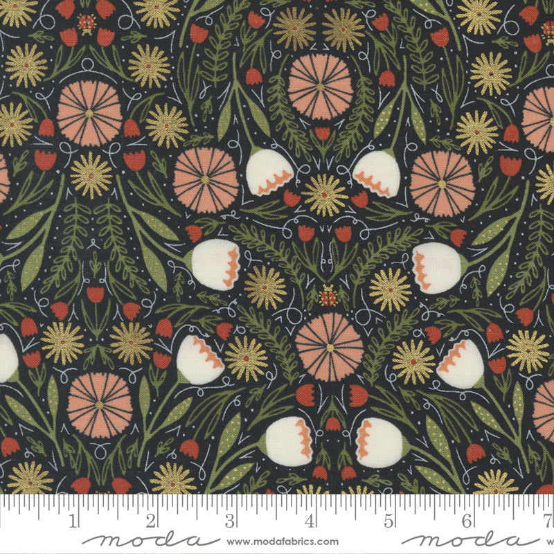 Cotton quilting fabric pattern called 'Moody Florals in Night'. Part of the 'Meadowmere' fabric collection. Designed by Gingiber for fabric company Moda Fabrics. SKU: 48361 34M. 44-45 inch width.