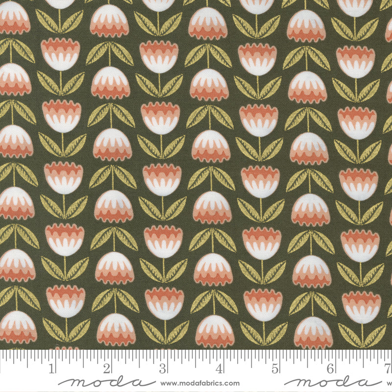 Cotton quilting fabric pattern called 'Blossoms in Forest'. Part of the 'Meadowmere' fabric collection. Designed by Gingiber for fabric company Moda Fabrics. SKU: 48362 33M. 44-45 inch width.