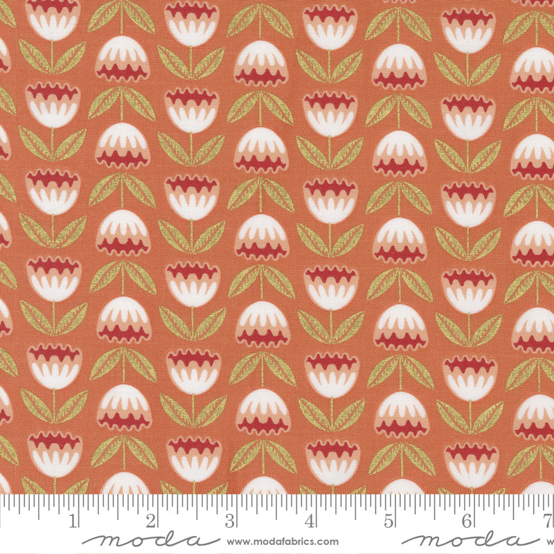 Cotton quilting fabric pattern called 'Blossoms in Terracotta'. Part of the 'Meadowmere' fabric collection. Designed by Gingiber for fabric company Moda Fabrics. SKU: 48362 36M. 44-45 inch width.