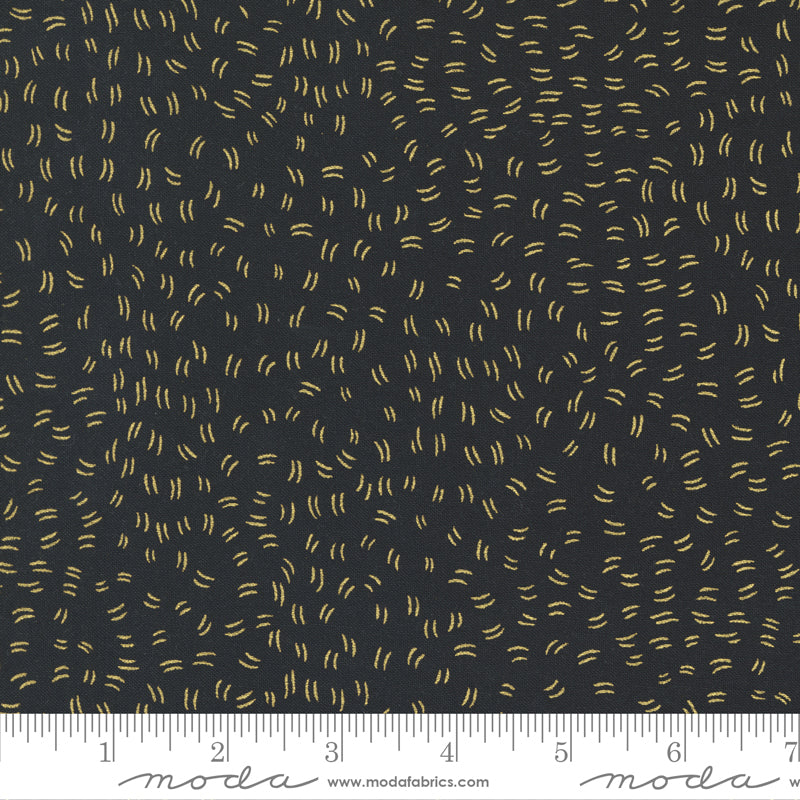 Cotton quilting fabric pattern called 'Flutters in Night'. Part of the 'Meadowmere' fabric collection. Designed by Gingiber for fabric company Moda Fabrics. SKU: 48368 34M. 44-45 inch width.