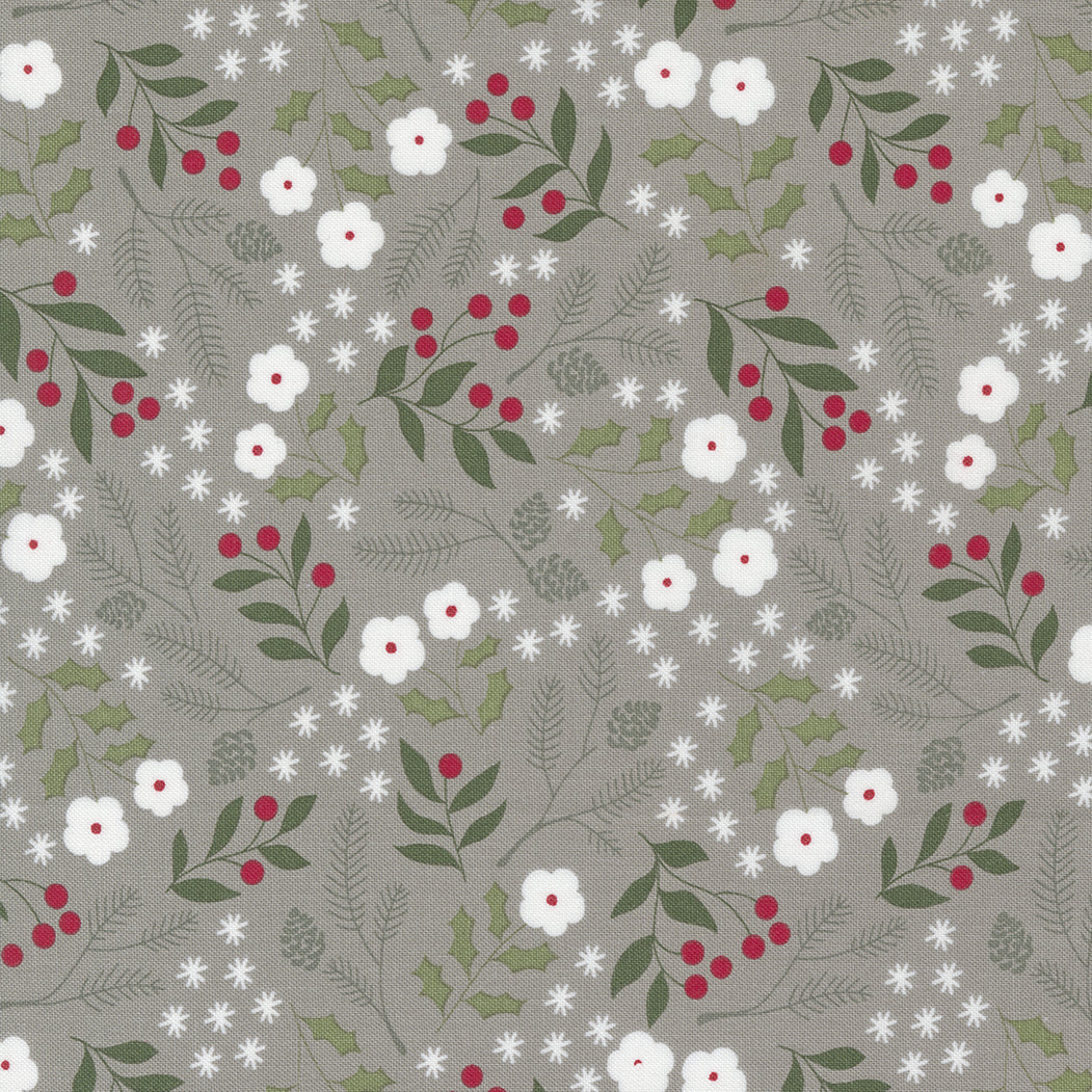 Cotton quilting fabric pattern called 'Winter Botanical in Dove'. Part of the 'Christmas Eve' fabric collection. Designed by Lella Boutique for fabric company Moda Fabrics. SKU: 5181 13. 44-45 inch width.