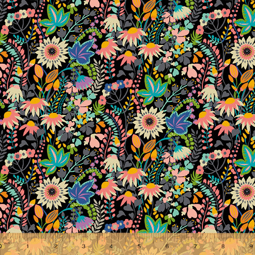 Cotton quilting fabric pattern called 'Flower Bed in Black'. Part of the 'Paradiso' fabric collection. Designed by Sally Kelly for fabric company Windham Fabrics. SKU: 51932D-2. 44-45 inch width.