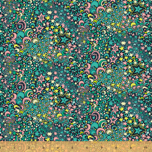 Cotton quilting fabric pattern called 'Galactic in Midnight'. Part of the 'Paradiso' fabric collection. Designed by Sally Kelly for fabric company Windham Fabrics. SKU: 52649D-1. 44-45 inch width.