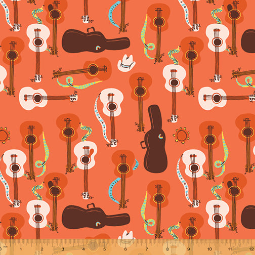 Cotton quilting fabric pattern called 'Guitars in Red Orange'. Part of the 'Far Far Away III' fabric collection. Designed by Heather Ross for fabric company Windham Fabrics. SKU: 52754-8. 44-45 inch width.