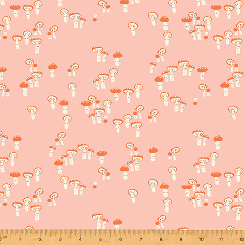 Cotton quilting fabric pattern called 'Mushrooms in Pink'. Part of the 'Far Far Away III' fabric collection. Designed by Heather Ross for fabric company Windham Fabrics. SKU: 52756-1. 44-45 inch width.