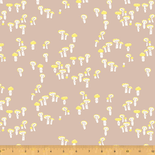 Cotton quilting fabric pattern called 'Mushrooms in Taupe'. Part of the 'Far Far Away III' fabric collection. Designed by Heather Ross for fabric company Windham Fabrics. SKU: 52756-11. 44-45 inch width.