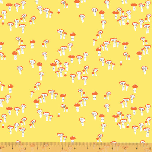 Cotton quilting fabric pattern called 'Mushrooms in Yellow'. Part of the 'Far Far Away III' fabric collection. Designed by Heather Ross for fabric company Windham Fabrics. SKU: 52756-4. 44-45 inch width.