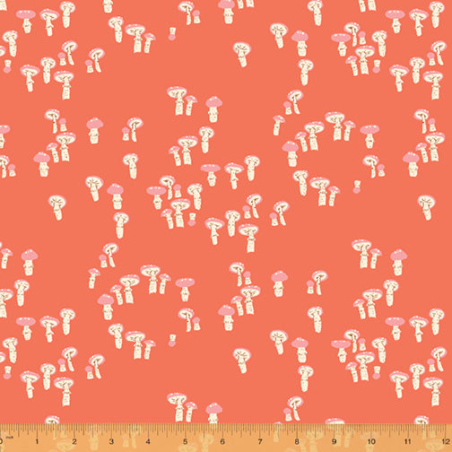 Cotton quilting fabric pattern called 'Mushrooms in Red Orange'. Part of the 'Far Far Away III' fabric collection. Designed by Heather Ross for fabric company Windham Fabrics. SKU: 52756-8. 44-45 inch width.