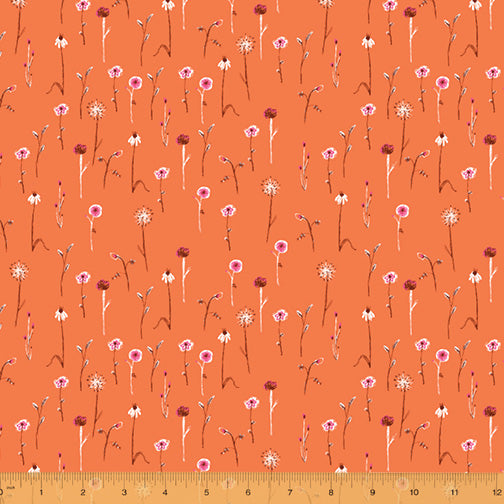 Cotton quilting fabric pattern called 'Wildflowers in Orange'. Part of the 'Far Far Away III' fabric collection. Designed by Heather Ross for fabric company Windham Fabrics. SKU: 52757-12. 44-45 inch width.