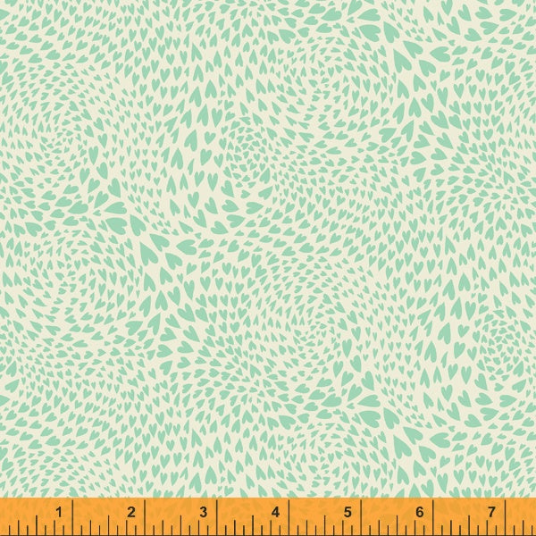 Cotton quilting fabric pattern called 'Swirl of Hearts in Cream Green'. Part of the 'Eden' fabric collection. Designed by Sally Kelly for fabric company Windham Fabrics. SKU: 52813-14. 44-45 inch width.