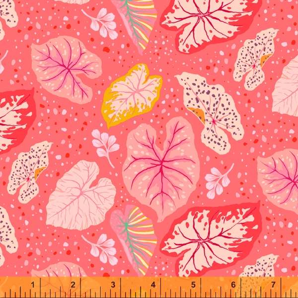 Cotton quilting fabric pattern called 'Paria in Coral'. Part of the 'Tabanca' fabric collection. Designed by Tamara Kate for fabric company Windham Fabrics. SKU: 52816-2. 44-45 inch width.