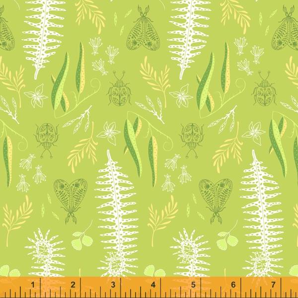 Cotton quilting fabric pattern called 'Maracas in Lime'. Part of the 'Tabanca' fabric collection. Designed by Tamara Kate for fabric company Windham Fabrics. SKU: 52817 6. 44-45 inch width.