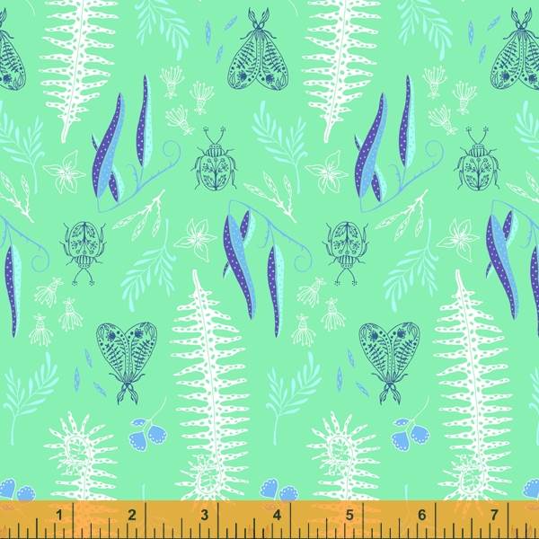 Cotton quilting fabric pattern called 'Maracas in Mint'. Part of the 'Tabanca' fabric collection. Designed by Tamara Kate for fabric company Windham Fabrics. SKU: 52817 7. 44-45 inch width.