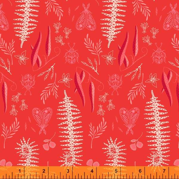 Cotton quilting fabric pattern called 'Maracas in Red'. Part of the 'Tabanca' fabric collection. Designed by Tamara Kate for fabric company Windham Fabrics. SKU: 52817-8. 44-45 inch width.