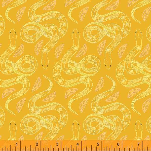 Cotton quilting fabric pattern called 'Mayaro in Gold'. Part of the 'Tabanca' fabric collection. Designed by Tamara Kate for fabric company Windham Fabrics. SKU: 52818-10. 44-45 inch width.