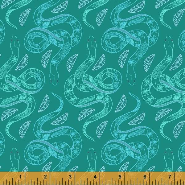 Cotton quilting fabric pattern called 'Mayaro in Dark Teal'. Part of the 'Tabanca' fabric collection. Designed by Tamara Kate for fabric company Windham Fabrics. SKU: 52818-10. 44-45 inch width.