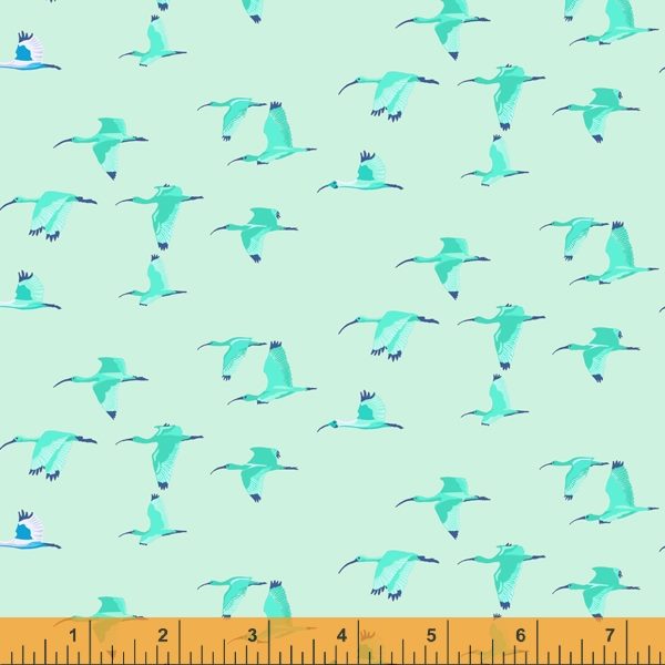 Cotton quilting fabric pattern called 'Caroni in Aqua'. Part of the 'Tabanca' fabric collection. Designed by Tamara Kate for fabric company Windham Fabrics. SKU: 52820 15. 44-45 inch width.