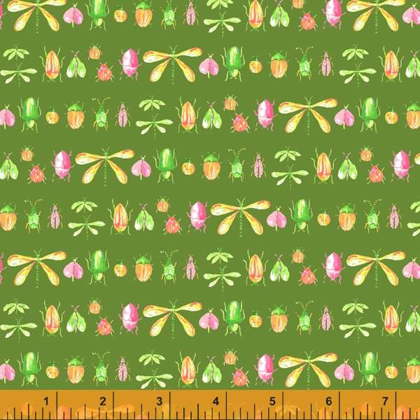 Cotton quilting fabric pattern called 'Gasparee in Green'. Part of the 'Tabanca' fabric collection. Designed by Tamara Kate for fabric company Windham Fabrics. SKU: 52821 19. 44-45 inch width.