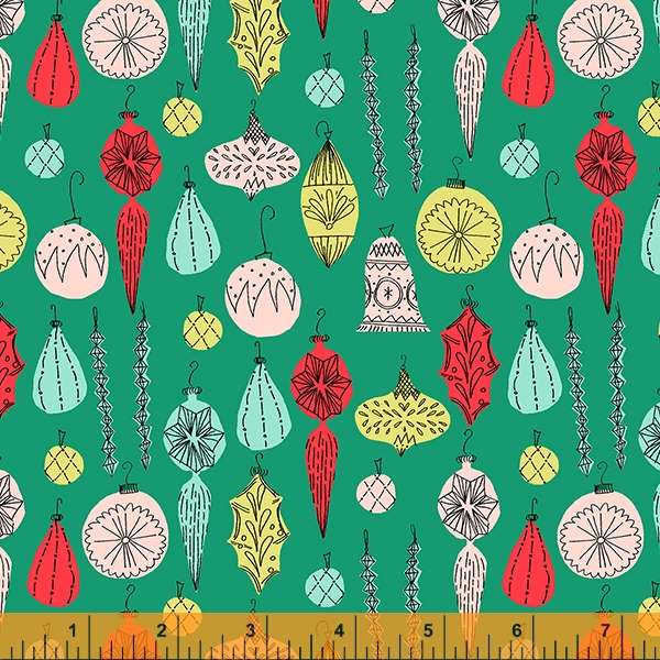 Cotton quilting fabric pattern called 'Baubles in Green'. Part of the 'Christmas Charms' fabric collection. Designed by Dylan Mierzwinski for fabric company Windham Fabrics. SKU: 53090-2. 44-45 inch width.