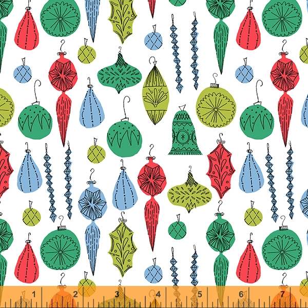 Cotton quilting fabric pattern called 'Baubles in White'. Part of the 'Christmas Charms' fabric collection. Designed by Dylan Mierzwinski for fabric company Windham Fabrics. SKU: 53090-3. 44-45 inch width.