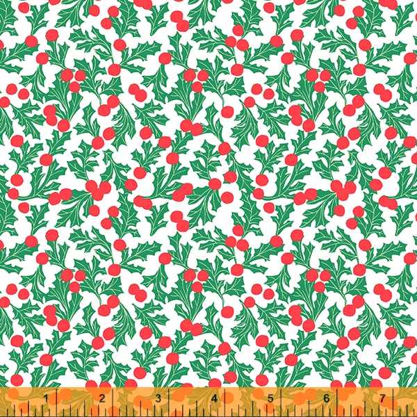 Cotton quilting fabric pattern called 'Holly Dot in White'. Part of the 'Christmas Charms' fabric collection. Designed by Dylan Mierzwinski for fabric company Windham Fabrics. SKU: 53091-3. 44-45 inch width.