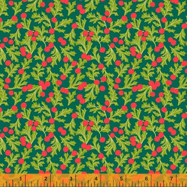 Cotton quilting fabric pattern called 'Holly Dot in Dark Green'. Part of the 'Christmas Charms' fabric collection. Designed by Dylan Mierzwinski for fabric company Windham Fabrics. SKU: 53091-5. 44-45 inch width.