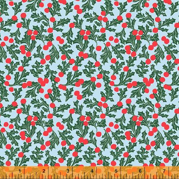 Cotton quilting fabric pattern called 'Holly Dot in Light Blue'. Part of the 'Christmas Charms' fabric collection. Designed by Dylan Mierzwinski for fabric company Windham Fabrics. SKU: 53091-6. 44-45 inch width.