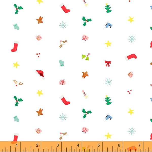 Cotton quilting fabric pattern called 'Tiny Charms in White'. Part of the 'Christmas Charms' fabric collection. Designed by Dylan Mierzwinski for fabric company Windham Fabrics. SKU: 53092-3. 44-45 inch width.