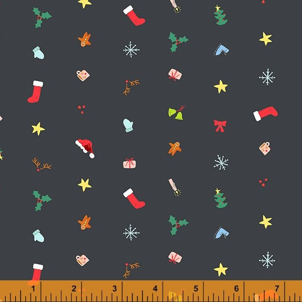 Cotton quilting fabric pattern called 'Tiny Charms in Charcoal'. Part of the 'Christmas Charms' fabric collection. Designed by Dylan Mierzwinski for fabric company Windham Fabrics. SKU: 53092-7. 44-45 inch width.