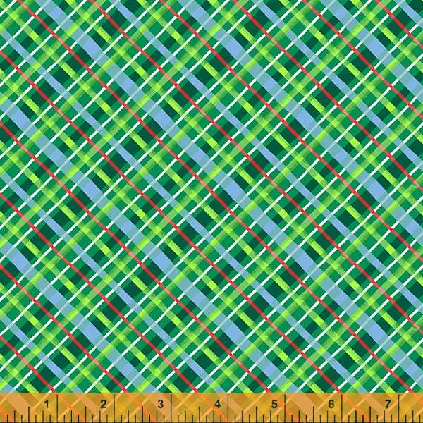 Cotton quilting fabric pattern called 'All Wrapped Up in Dark Green'. Part of the 'Christmas Charms' fabric collection. Designed by Dylan Mierzwinski for fabric company Windham Fabrics. SKU: 53092-5. 44-45 inch width.