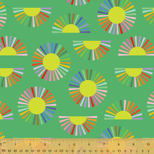 Cotton quilting fabric pattern called 'Mod Daisy in Green'. Part of the 'Color Wheel' fabric collection. Designed by Annabel Wrigley for fabric company Windham Fabrics. SKU: 53262D-4. 44-45 inch width.