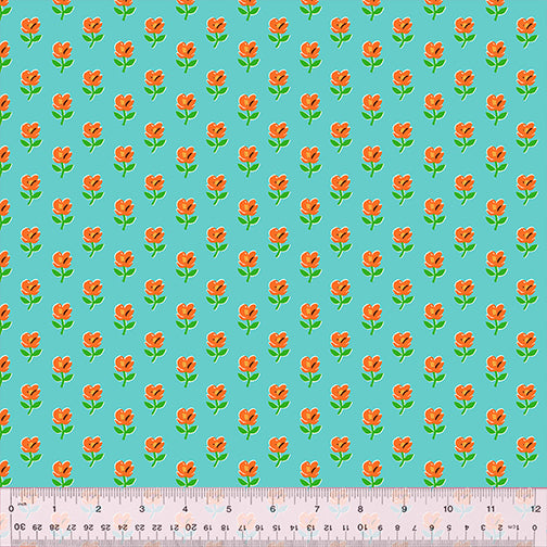 Cotton quilting fabric pattern called 'Provence in Teal'. Part of the 'Country Mouse' fabric collection. Designed by Heather Ross for fabric company Windham Fabrics. SKU: 53473-4. 44-45 inch width.