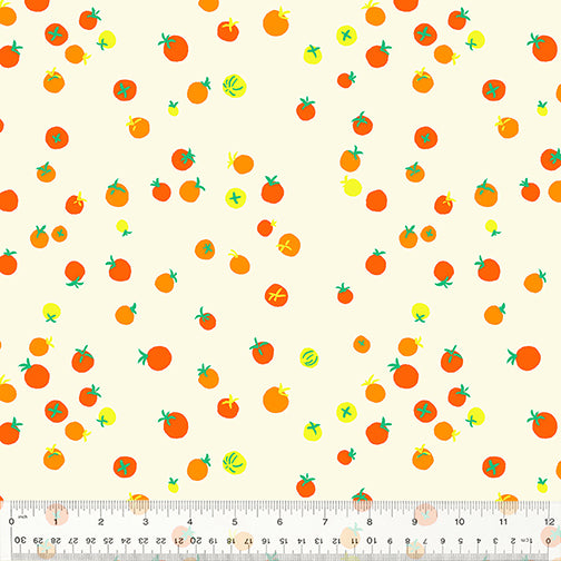 Cotton quilting fabric pattern called 'Cherry Tomatoes in Tangerine'. Part of the 'Country Mouse' fabric collection. Designed by Heather Ross for fabric company Windham Fabrics. SKU: 53474-7. 44-45 inch width.