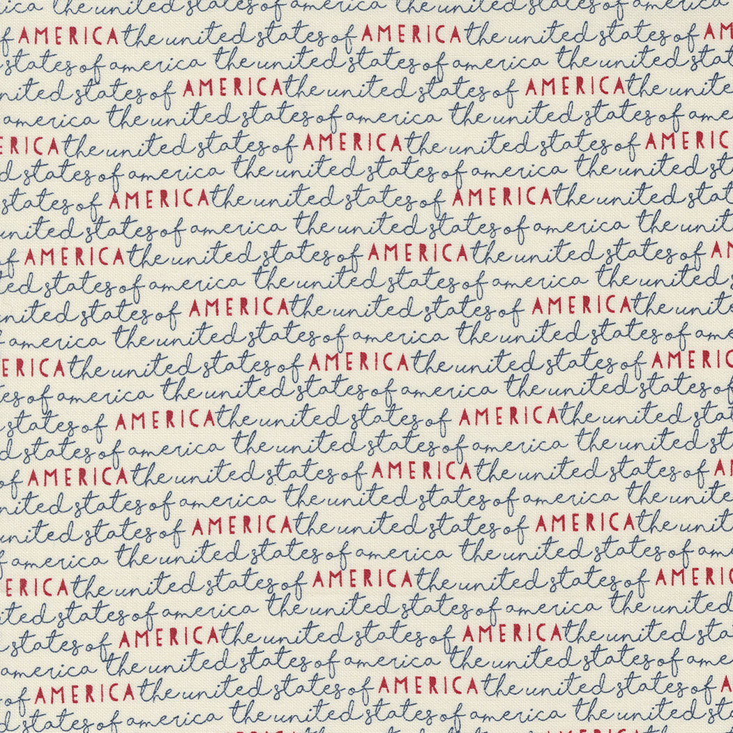 Cotton quilting fabric pattern called 'America in Americana'. Part of the 'Sweetwater Road' fabric collection. Designed by Stateside for fabric company Moda Fabrics. SKU: 55613 13. 44-45 inch width.