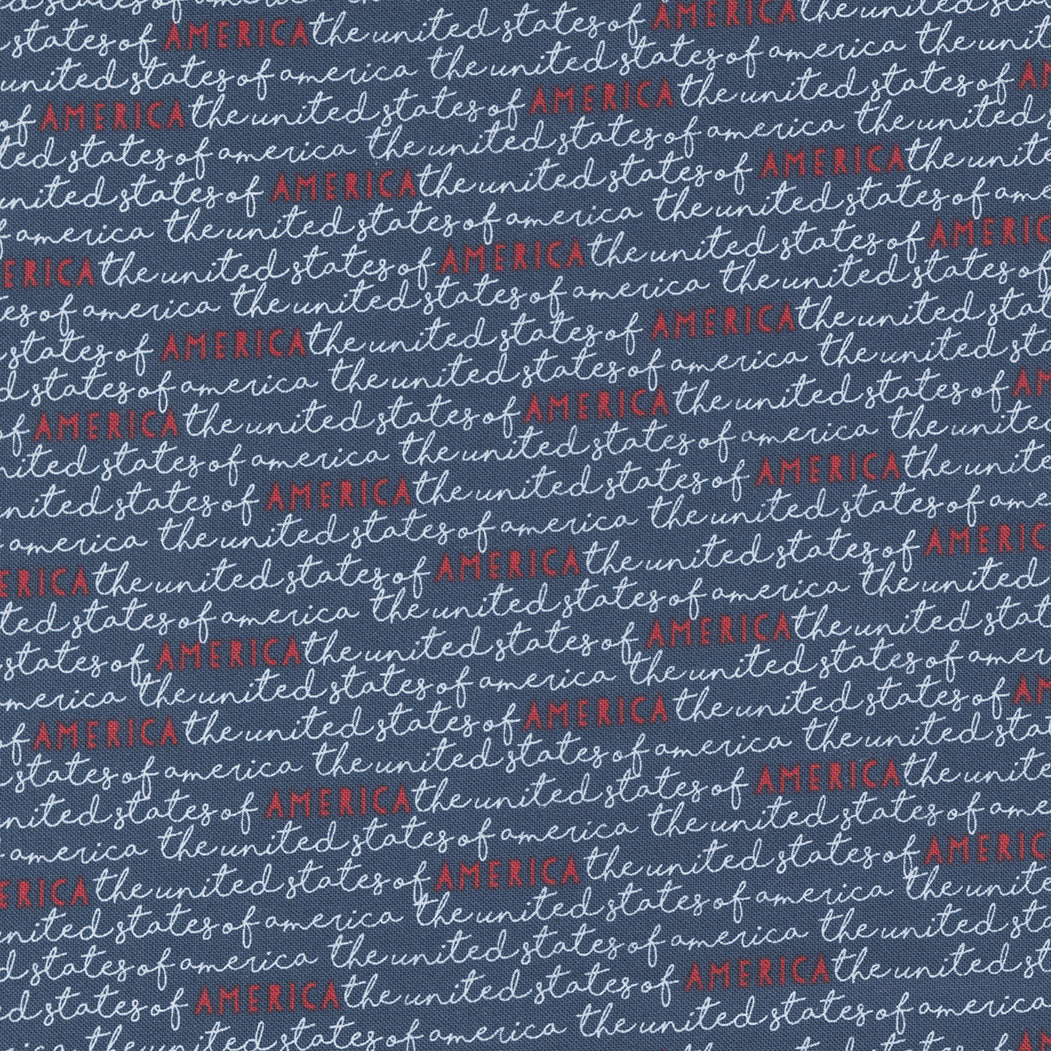 Cotton quilting fabric pattern called 'America in Navy'. Part of the 'Sweetwater Road' fabric collection. Designed by Stateside for fabric company Moda Fabrics. SKU: 55613 23. 44-45 inch width.