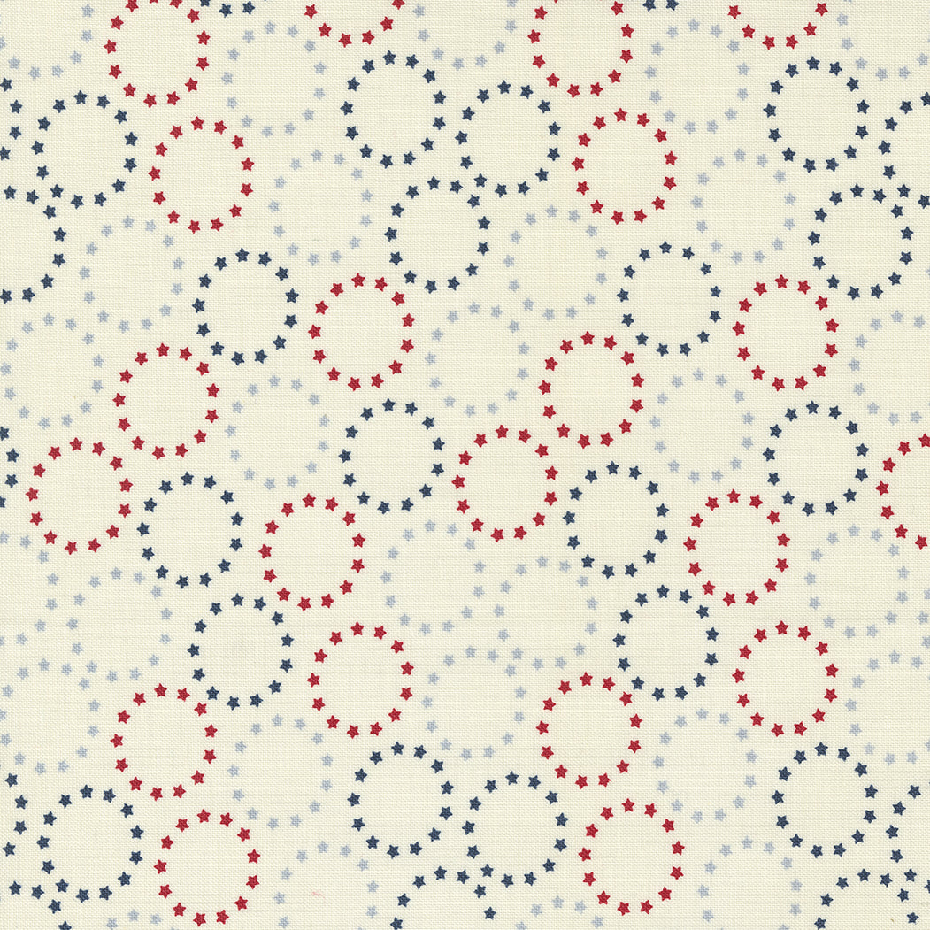 Cotton quilting fabric pattern called 'Stars in Americana'. Part of the 'Sweetwater Road' fabric collection. Designed by Stateside for fabric company Moda Fabrics. SKU: 55615 31. 44-45 inch width.