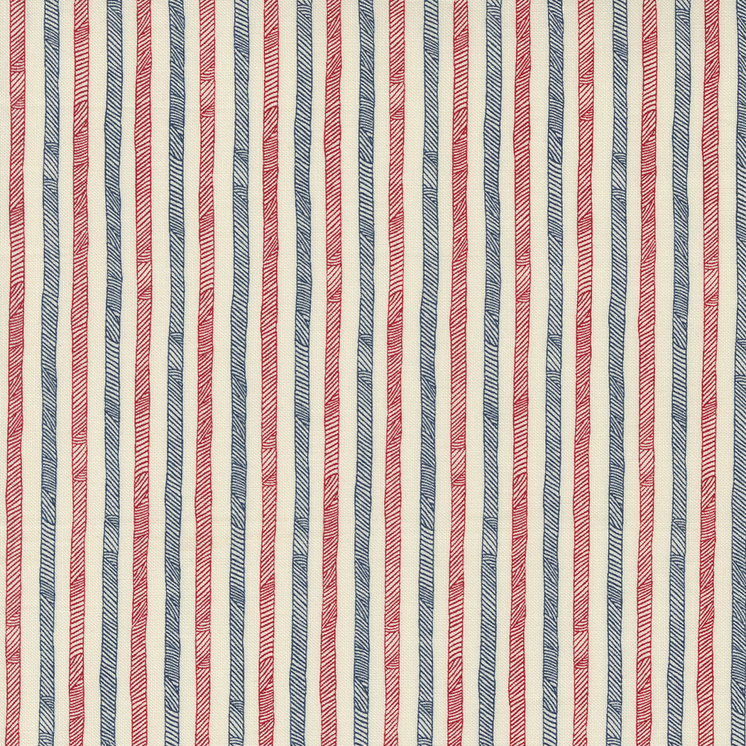 Cotton quilting fabric pattern called 'Stripes in Americana'. Part of the 'Sweetwater Road' fabric collection. Designed by Stateside for fabric company Moda Fabrics. SKU: 55617 31. 44-45 inch width.