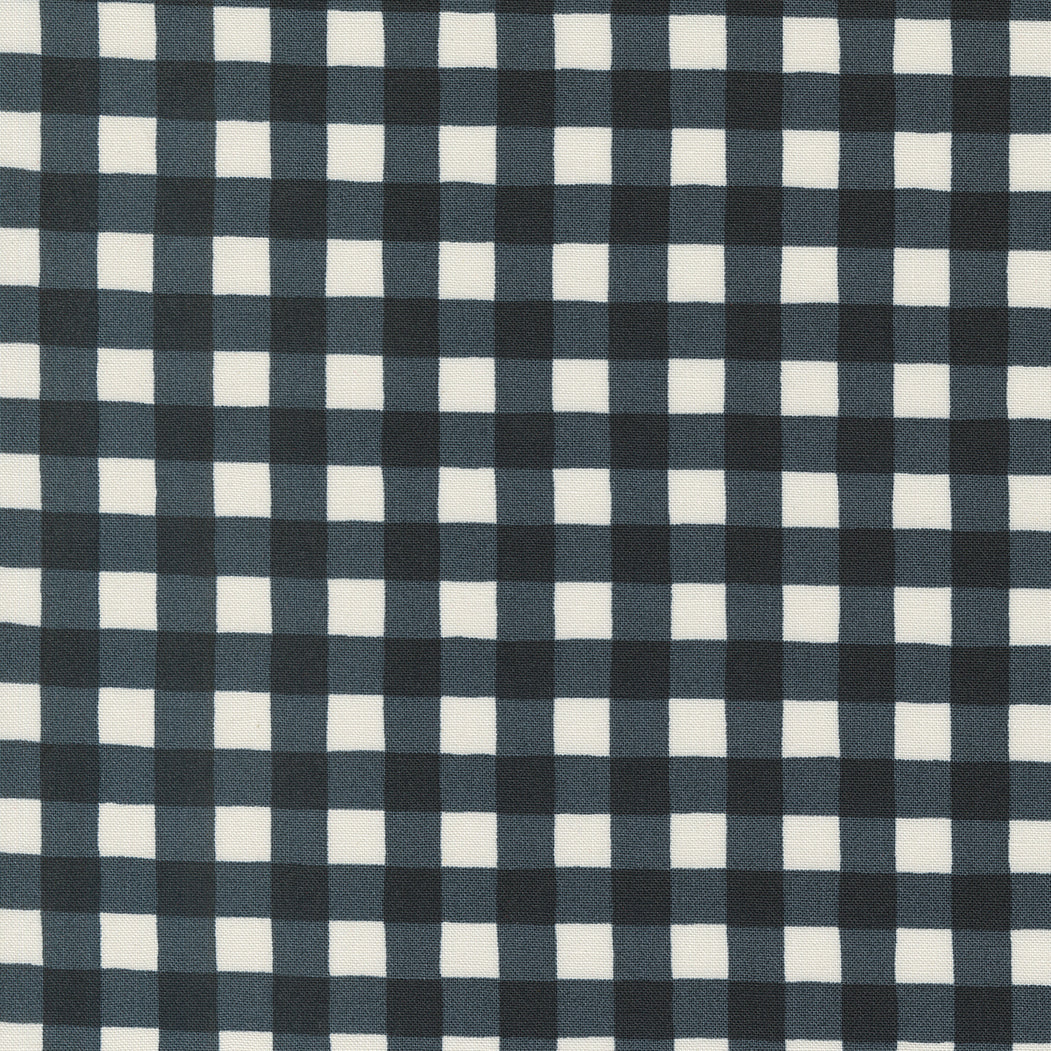 Cotton quilting fabric pattern called 'Farmhouse Gingham in Charcoal Black'. Part of the 'Holidays at Home' fabric collection. Designed by Deb Strain for fabric company Moda Fabrics. SKU: 56078 13. 44-45 inch width.