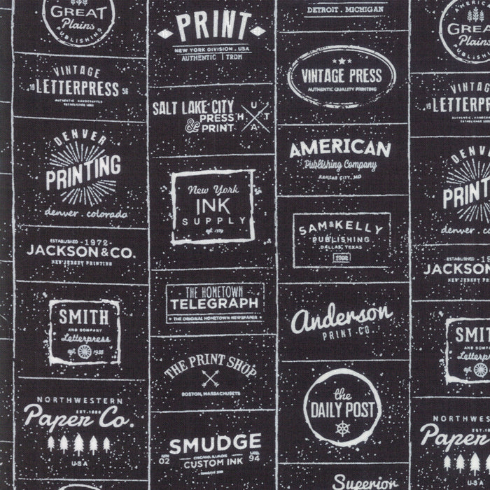 Cotton quilting fabric pattern called 'Logos in Black'. Part of the 'The Print Shop' fabric collection. Designed by Sweetwater Road for fabric company Moda Fabrics. SKU: 5740-33. 44-45 inch width.