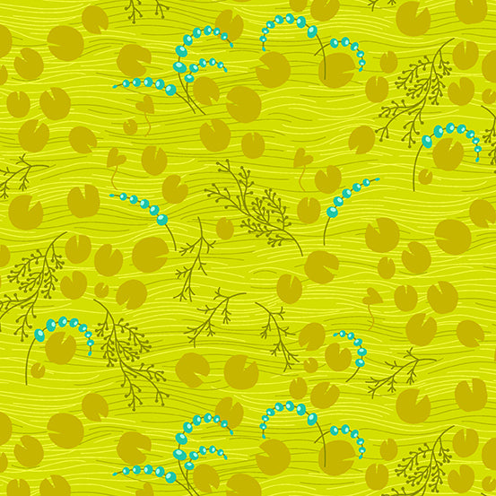 Cotton quilting fabric pattern called 'Pond in Green Apple'. Part of the 'Thicket' fabric collection. Designed by Alison Glass for fabric company Andover Fabrics. SKU: A-431-G. 44-45 inch width.