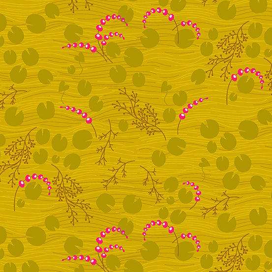 Cotton quilting fabric pattern called 'Pond in Chartreuse'. Part of the 'Thicket' fabric collection. Designed by Alison Glass for fabric company Andover Fabrics. SKU: A-431-N. 44-45 inch width.