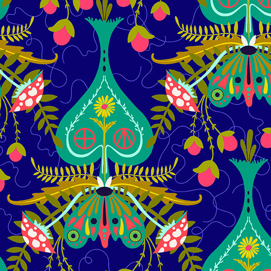 Cotton quilting fabric pattern called 'Vase and Moth in Cobalt'. Part of the 'Wildflowers' fabric collection. Designed by Alison Glass for fabric company Andover Fabrics. SKU: A-667-B. 44-45 inch width.