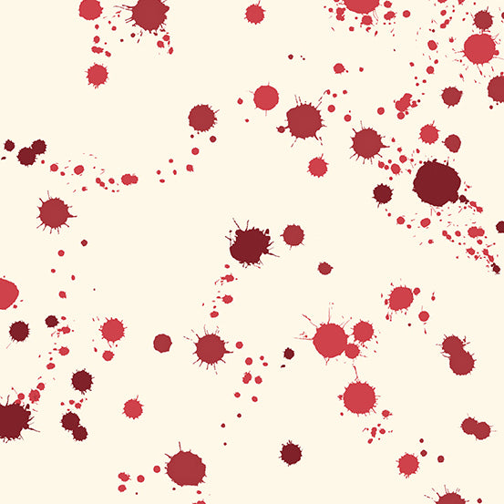 Cotton quilting fabric pattern called 'Spatter in Blood'. Part of the 'Sleuth' fabric collection. Designed by Giucy Giuce for fabric company Andover Fabrics. SKU: A-770-R. 44-45 inch width.