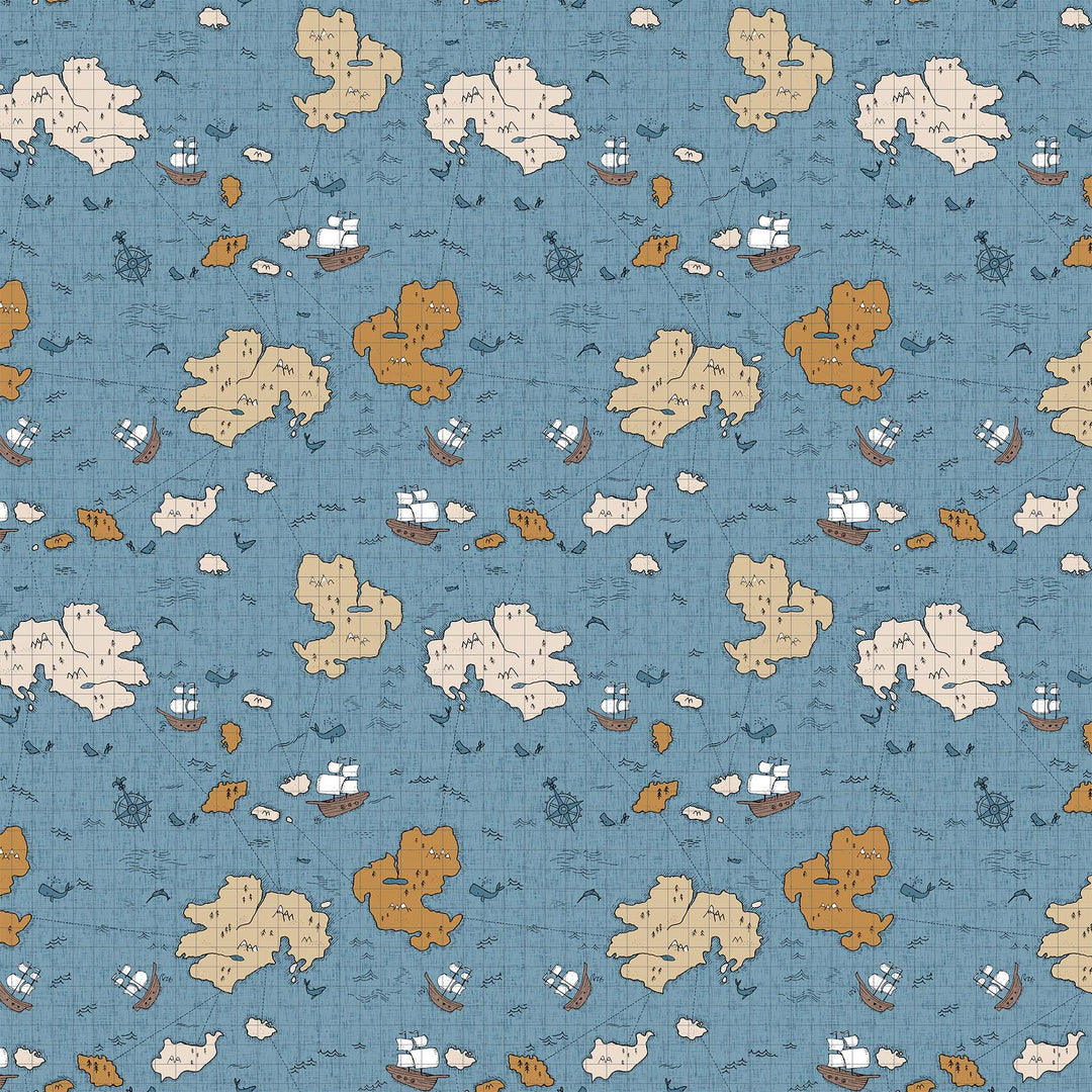 Cotton quilting fabric pattern called 'Map in Blue Multi'. Part of the 'Calm Waters' fabric collection. Designed by Bernadett Urbanovics for fabric company Figo Fabrics. SKU: 90610-40. 44-45 inch width.