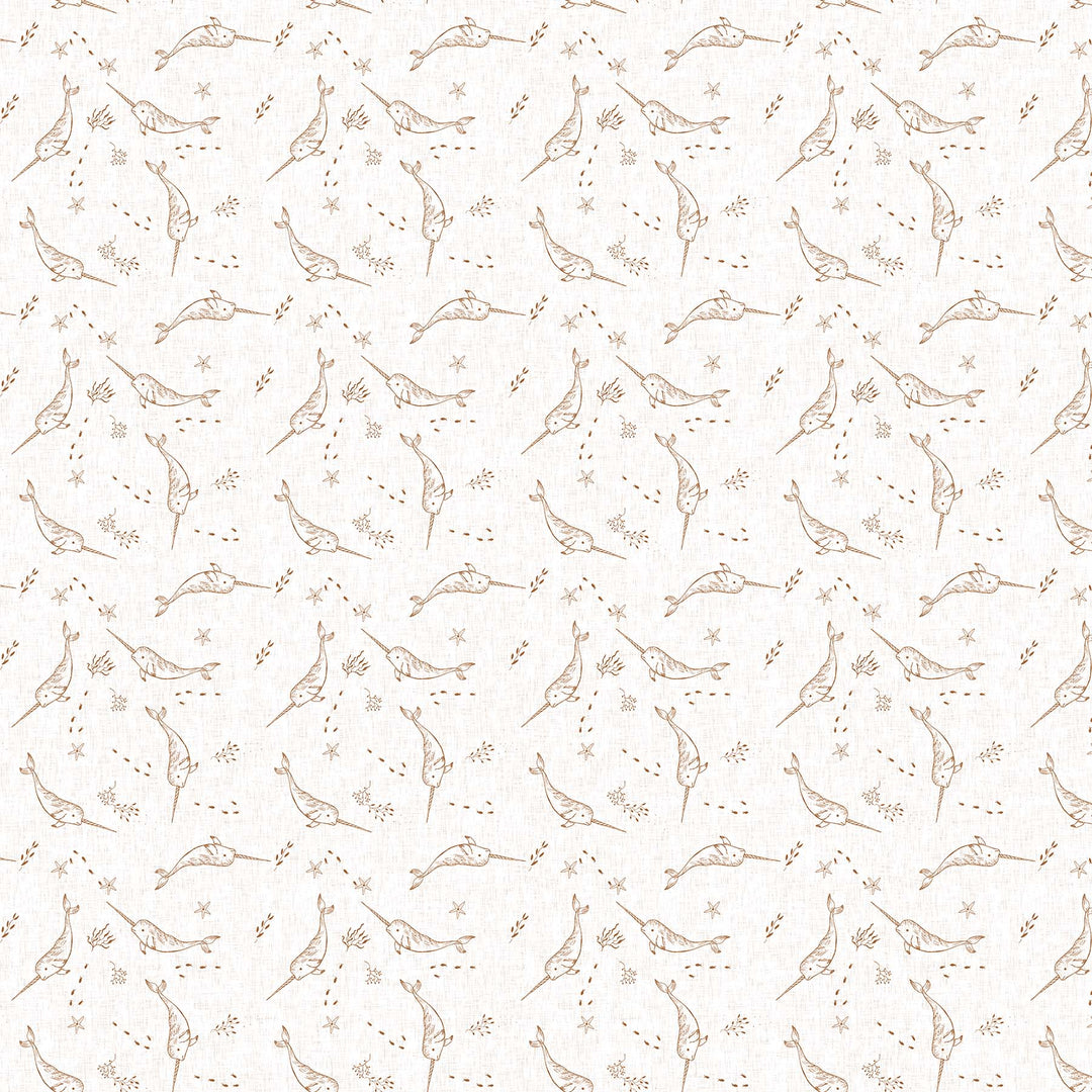 Cotton quilting fabric pattern called 'Narwhals in Cream'. Part of the 'Calm Waters' fabric collection. Designed by Bernadett Urbanovics for fabric company Figo Fabrics. SKU: 90617-12. 44-45 inch width.