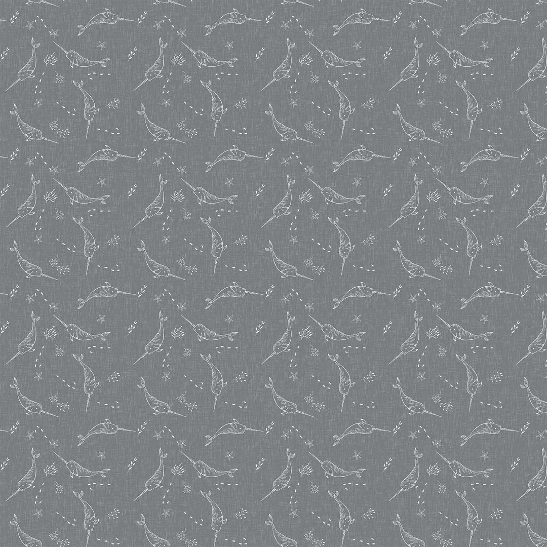 Cotton quilting fabric pattern called 'Narwhals in Gray'. Part of the 'Calm Waters' fabric collection. Designed by Bernadett Urbanovics for fabric company Figo Fabrics. SKU: 90617-92. 44-45 inch width.