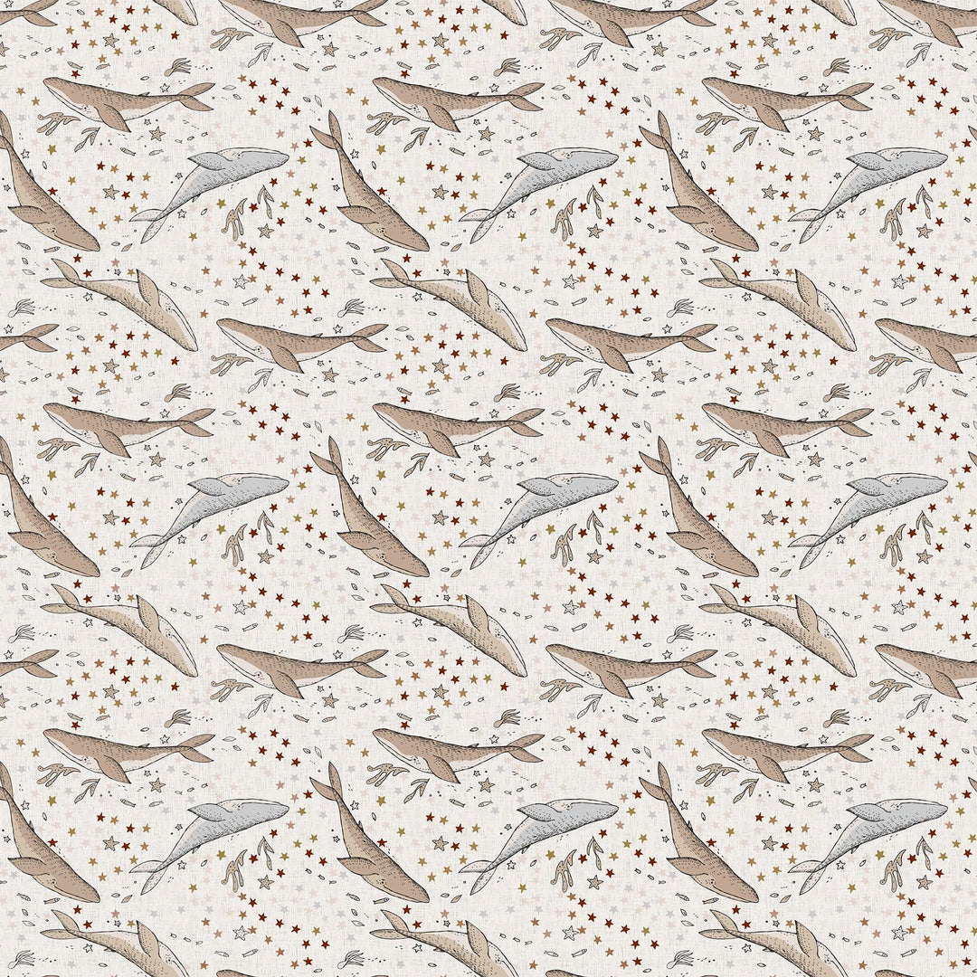 Cotton quilting fabric pattern called 'Whales in Cream'. Part of the 'Calm Waters' fabric collection. Designed by Bernadett Urbanovics for fabric company Figo Fabrics. SKU: 90619-12. 44-45 inch width.