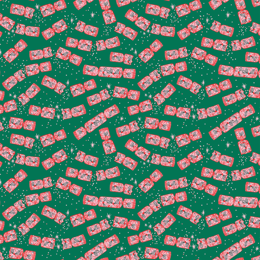 Cotton quilting fabric pattern called 'Crackers in Green'. Part of the 'Merry Kitchmas' fabric collection. Designed by Louise Pretzel for fabric company Figo Fabrics. SKU: 90667-77. 44-45 inch width.