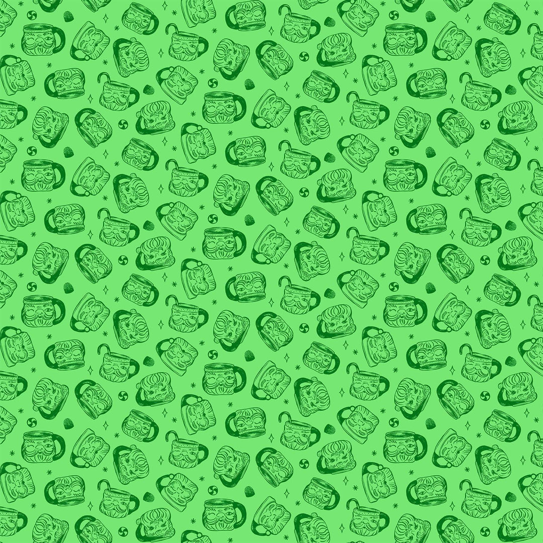 Cotton quilting fabric pattern called 'Santa Mugs in Green'. Part of the 'Merry Kitchmas' fabric collection. Designed by Louise Pretzel for fabric company Figo Fabrics. SKU: 90668-70. 44-45 inch width.