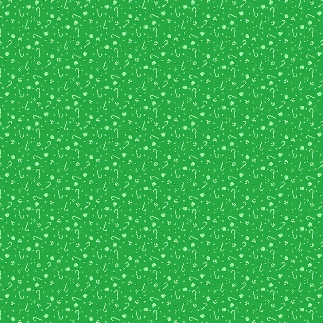 Cotton quilting fabric pattern called 'Candies in Green'. Part of the 'Merry Kitchmas' fabric collection. Designed by Louise Pretzel for fabric company Figo Fabrics. SKU: 90671-71. 44-45 inch width.